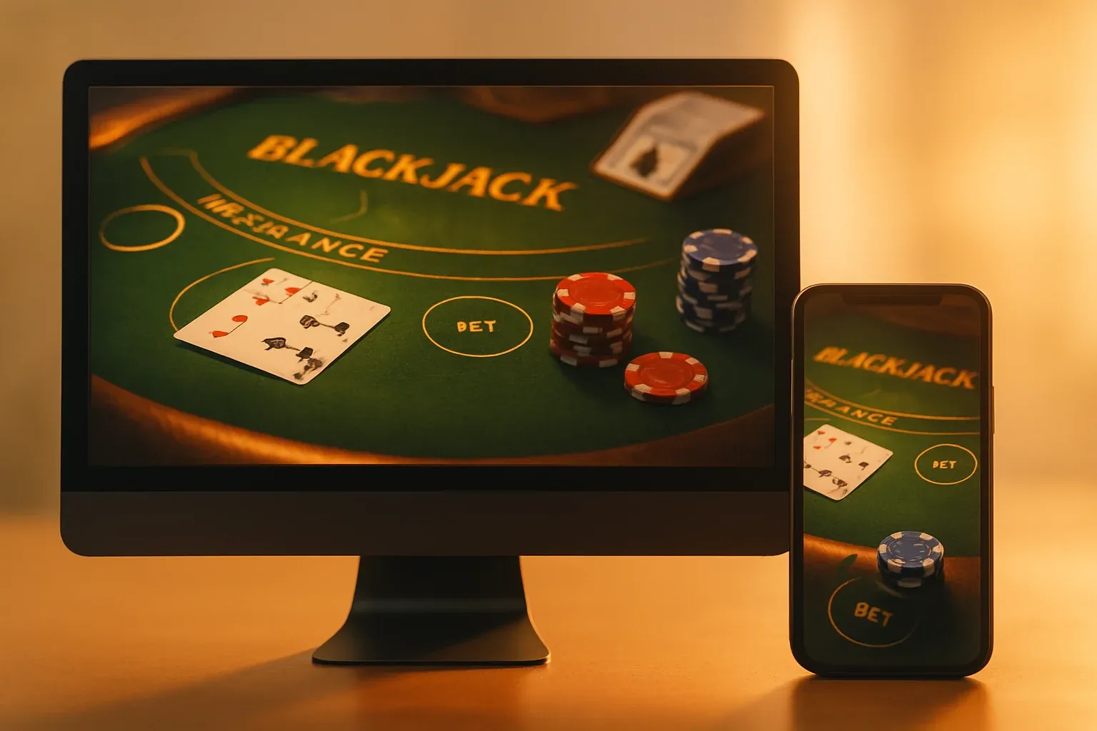 Casino game displayed on desktop monitor and smartphone side by side