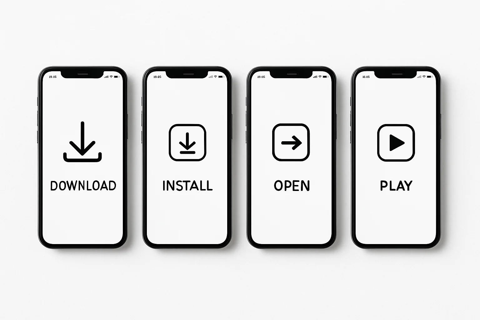 Four smartphones showing download, install, open, and play steps