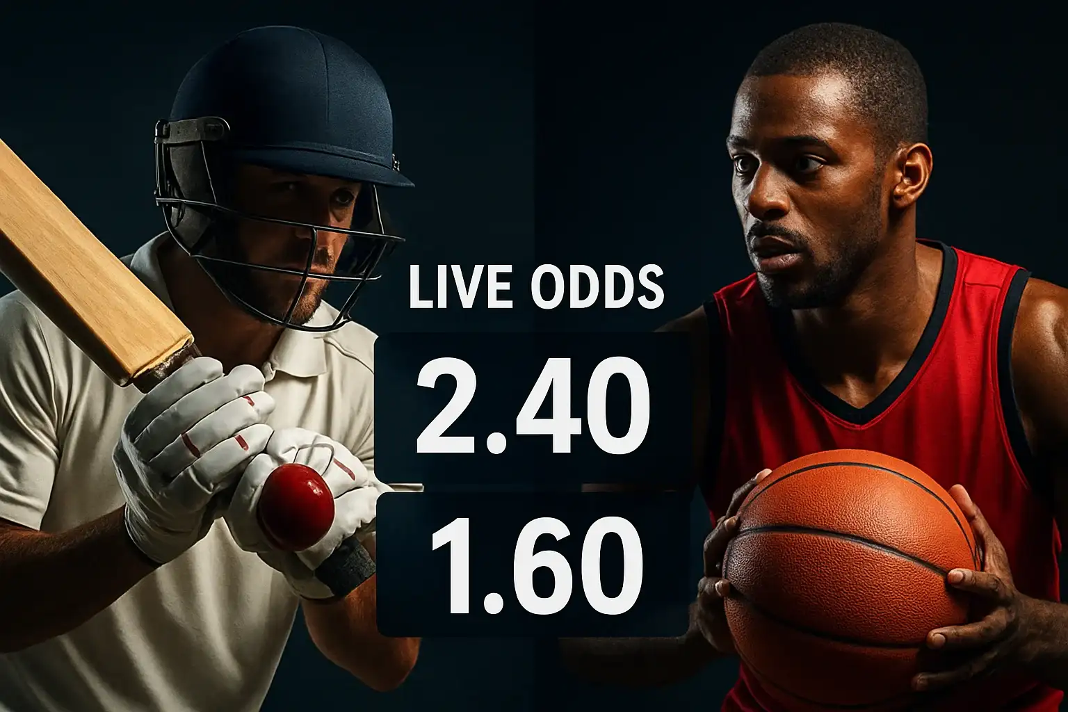 Split-screen cricket and basketball athletes with live betting odds overlay