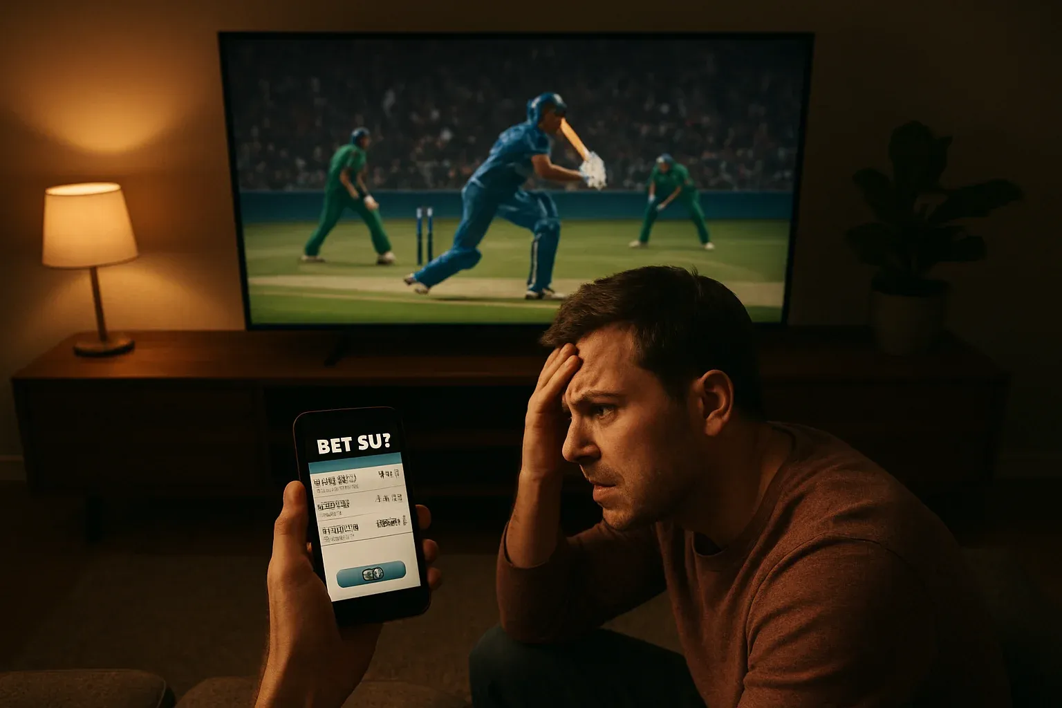 Sports bettor watching live cricket on TV with bet slip on phone