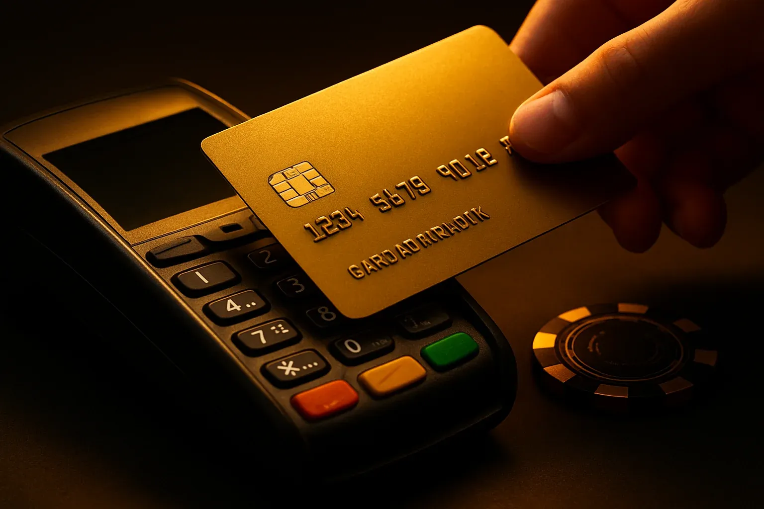 Bank card tapping payment terminal beside casino chip, instant deposit concept