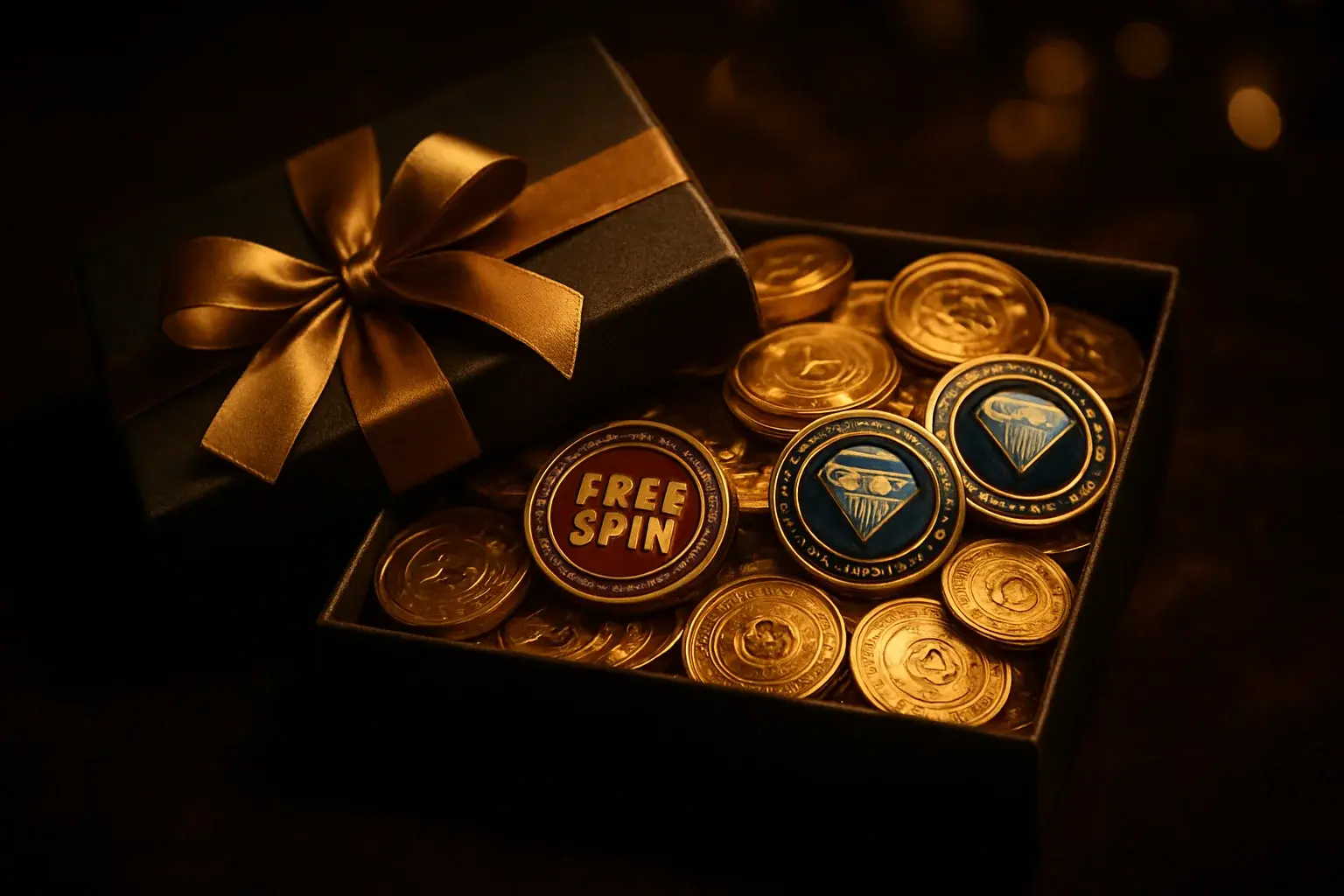 Luxury gift box with gold coins, free spin tokens, and diamond chips