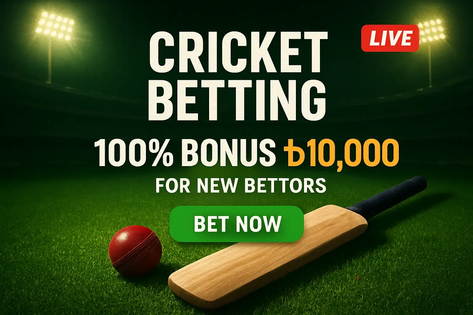 Cricket betting banner with stadium, bat, ball, bonus offer, and CTA