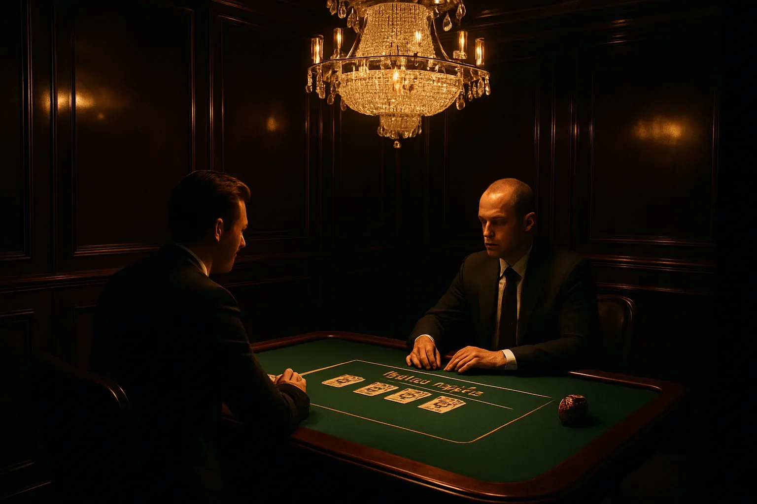 Private Macau high-roller baccarat booth with green-felt table and chandelier