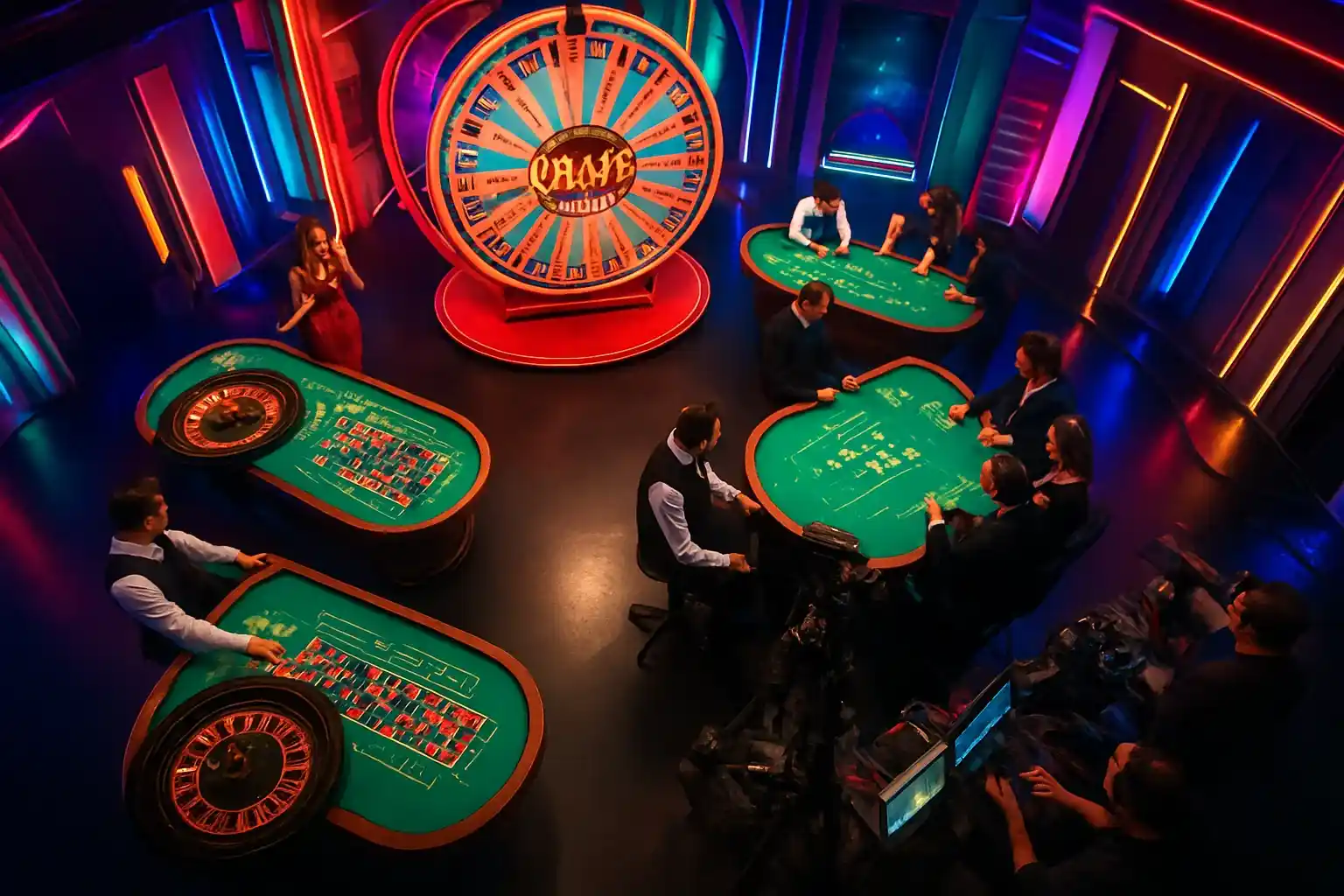 Aerial view of live casino studio with roulette, baccarat, Crazy Time wheel
