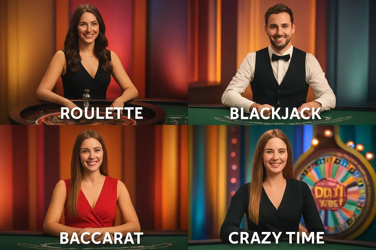 Four live dealer game thumbnails showing roulette, blackjack, baccarat, and Crazy Time