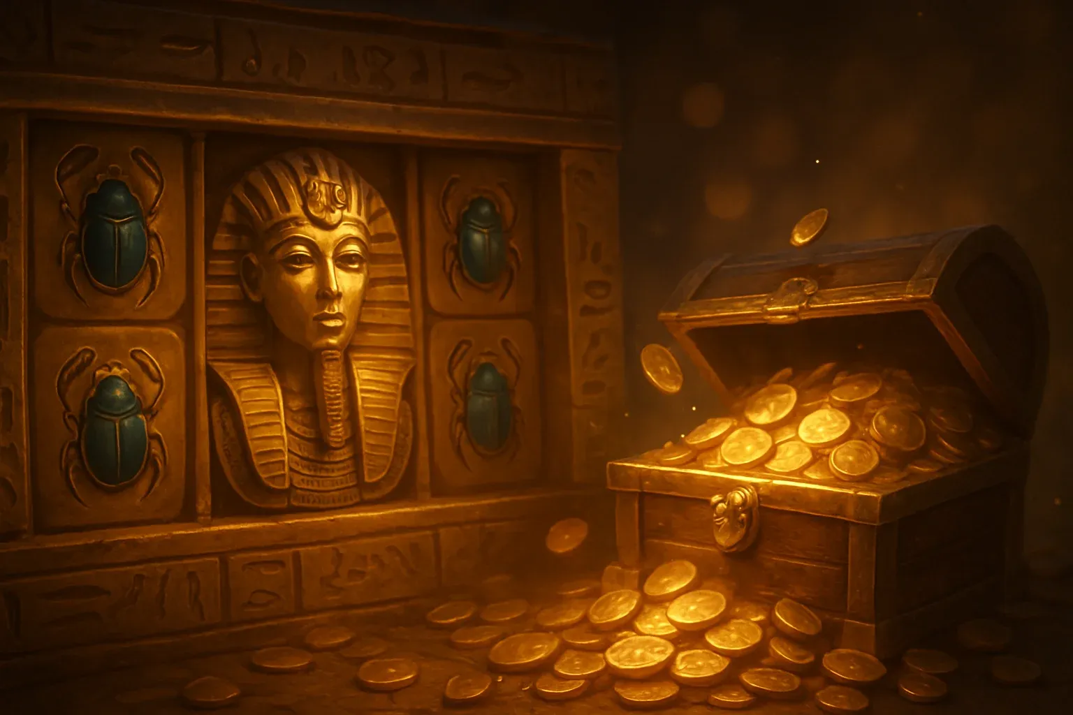 Ancient Egyptian temple slot scene with pharaoh symbols, scarabs, hieroglyphics, treasure chest