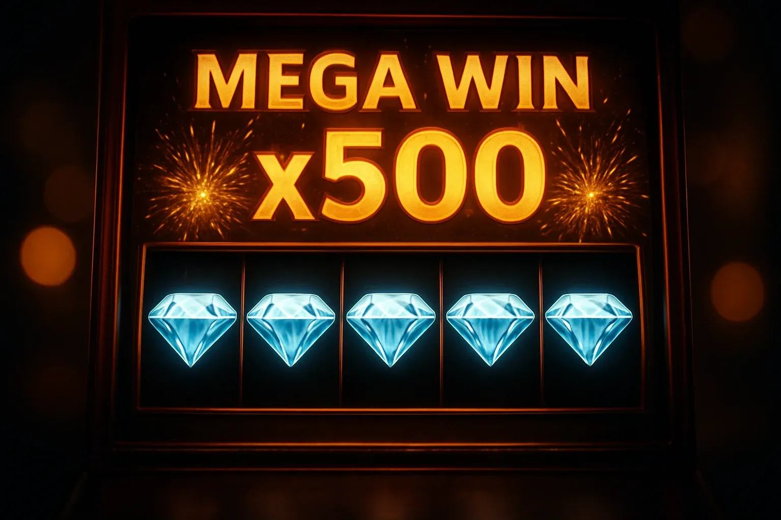 Slot machine screen with five diamond symbols, x500 multiplier, fireworks effect